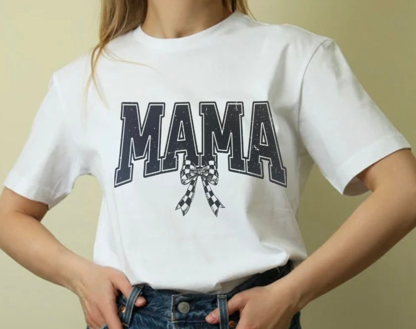 Mama With Checkered Bow Screen Print Iron  Transfer