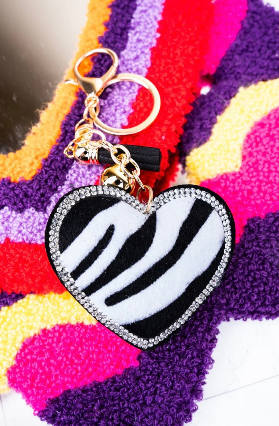 Zebra Print Heart Keychain With Rhinestones
